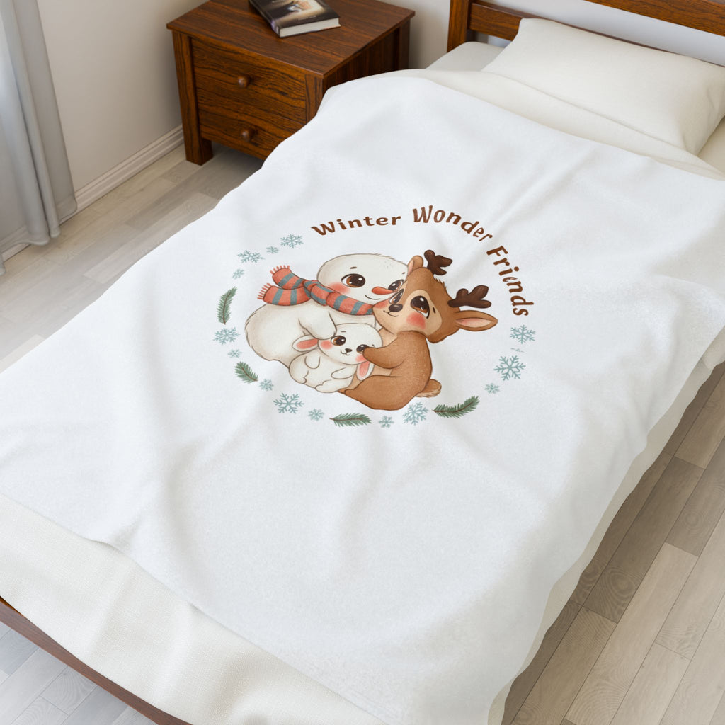 Decke | Winter Wunder Freunde Velveteen Plüsch | Niedliche Wintertiere Reh mit Schal