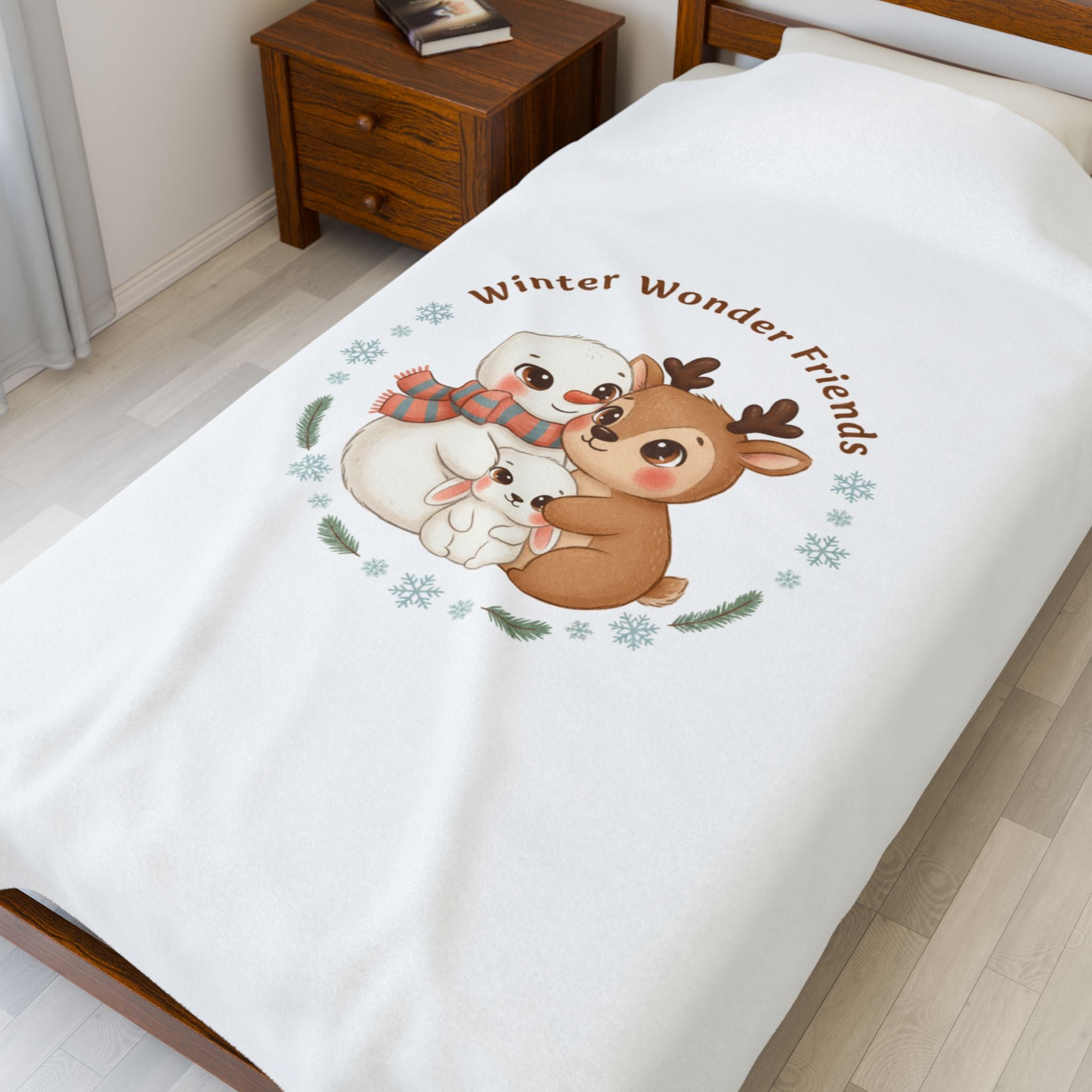 Decke | Winter Wunder Freunde Velveteen Plüsch | Niedliche Wintertiere Reh mit Schal